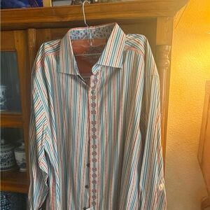 Robert Graham Striped Button-Down Shirt in Blue, Orange, White. Size 2XL